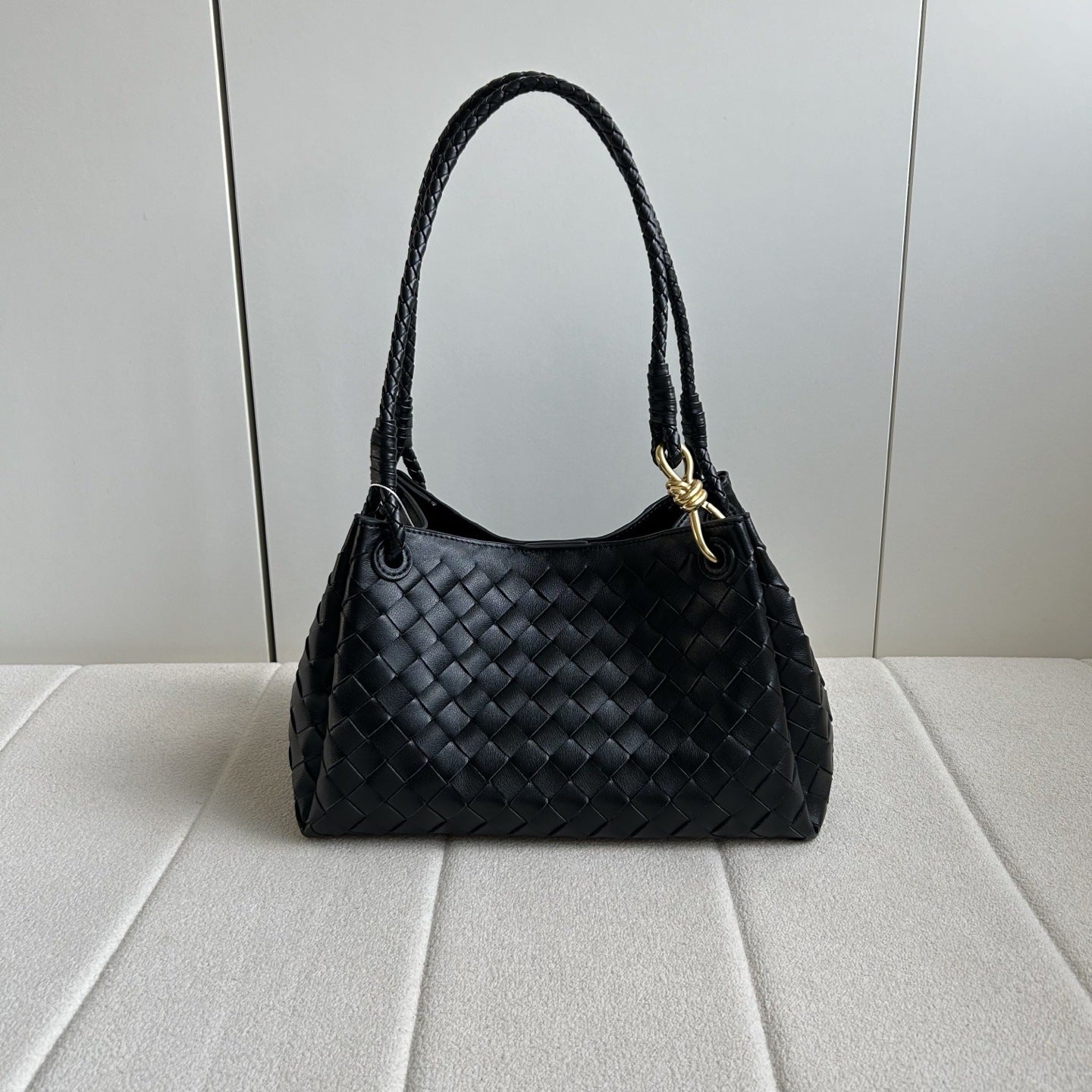 Women’s Woven Calfskin Tote – Leather Shoulder & Handbag with Metal Clasp