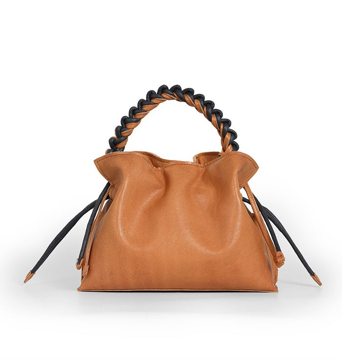 Women’s Woven Leather Dumpling Bag, Vintage Cowhide Handbag