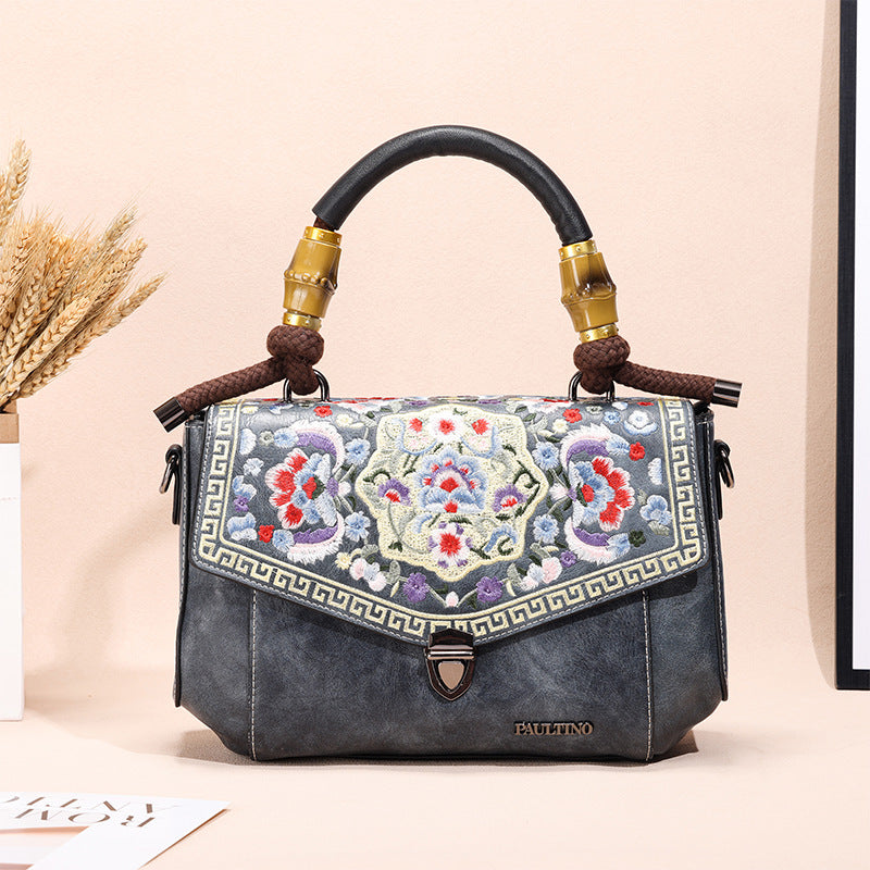 Embroidered Vintage Leather Handbag – Handheld Top-Handle Bag