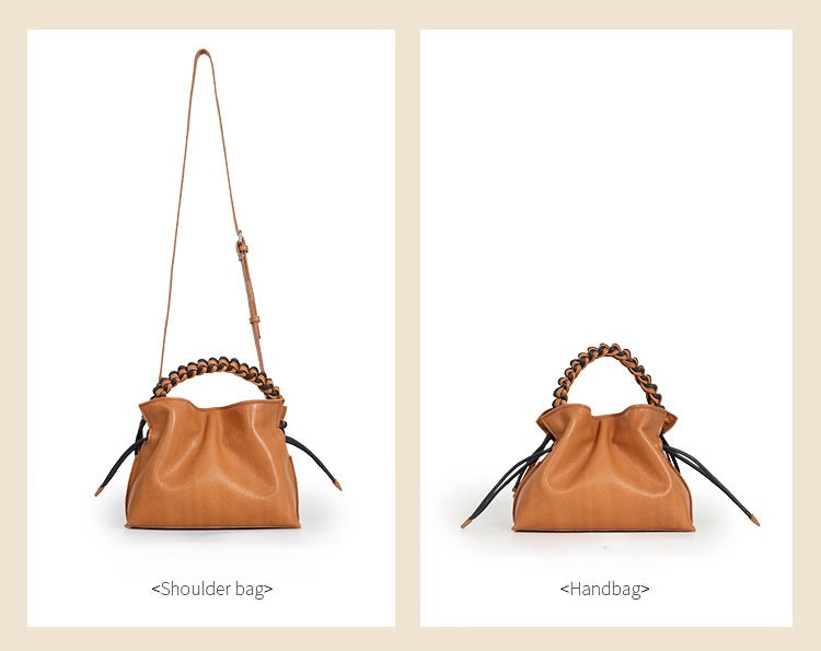 Women’s Woven Leather Dumpling Bag, Vintage Cowhide Handbag