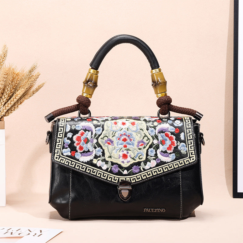 Embroidered Vintage Leather Handbag – Handheld Top-Handle Bag