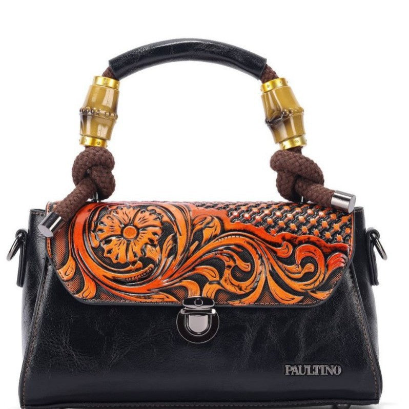 Vintage Floral Top Handle Leather Bag for Women