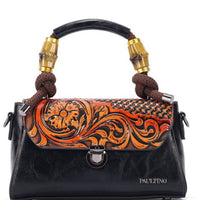 Vintage Floral Top Handle Leather Bag for Women
