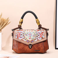 Embroidered Vintage Leather Handbag – Handheld Top-Handle Bag