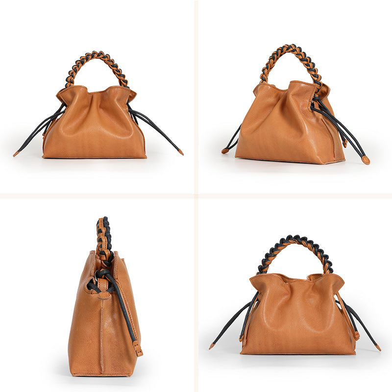 Women’s Woven Leather Dumpling Bag, Vintage Cowhide Handbag