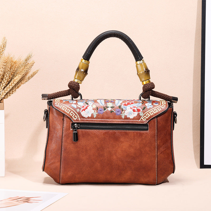 Embroidered Vintage Leather Handbag – Handheld Top-Handle Bag