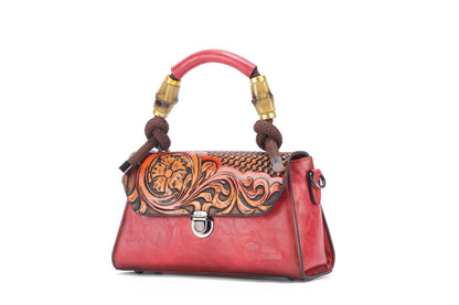 Vintage Floral Top Handle Leather Bag for Women