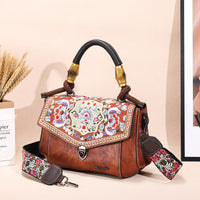 Embroidered Vintage Leather Handbag – Handheld Top-Handle Bag