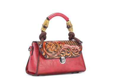 Vintage Floral Top Handle Leather Bag for Women