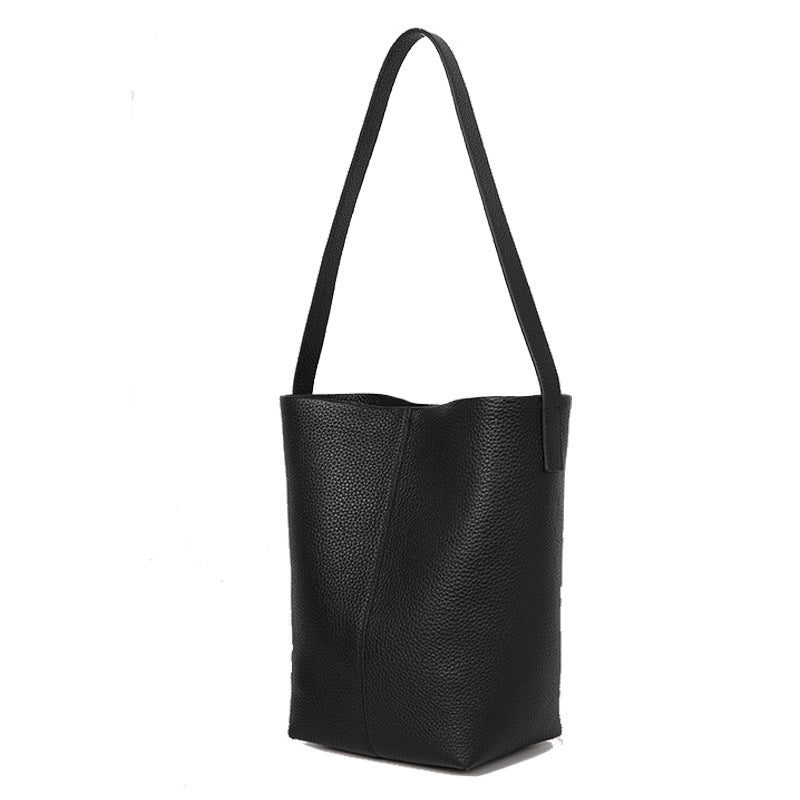 Women’s Genuine Leather Bucket Tote – Togo Cowhide Shoulder Bag