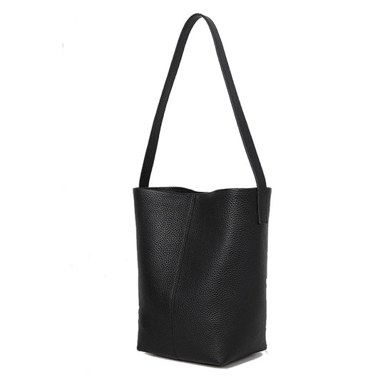 Women’s Genuine Leather Bucket Tote – Togo Cowhide Shoulder Bag