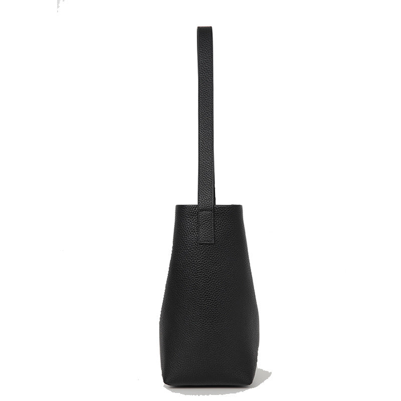 Women’s Genuine Leather Bucket Tote – Togo Cowhide Shoulder Bag