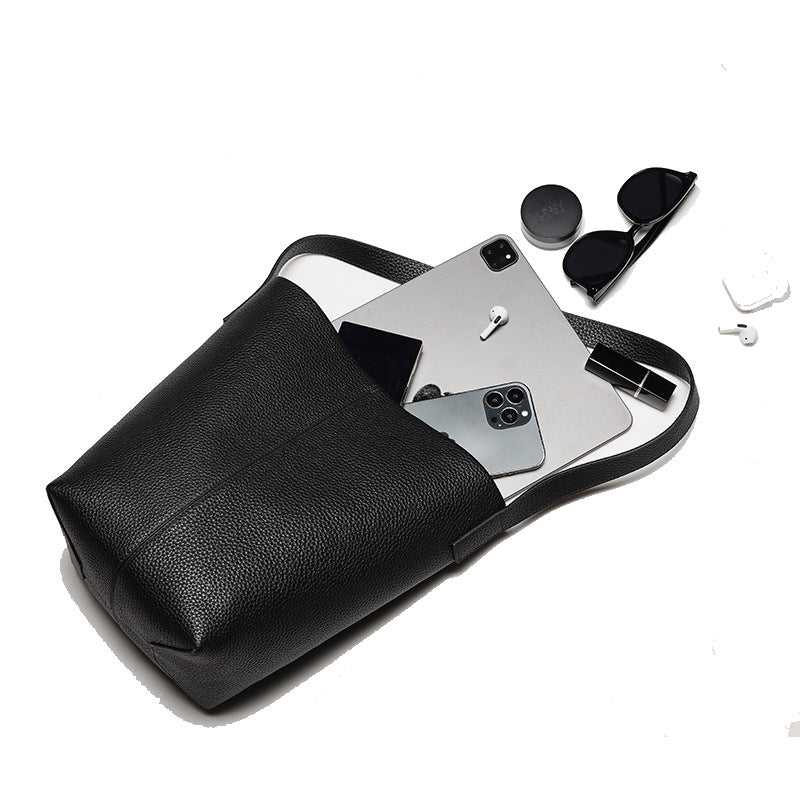 Women’s Genuine Leather Bucket Tote – Togo Cowhide Shoulder Bag