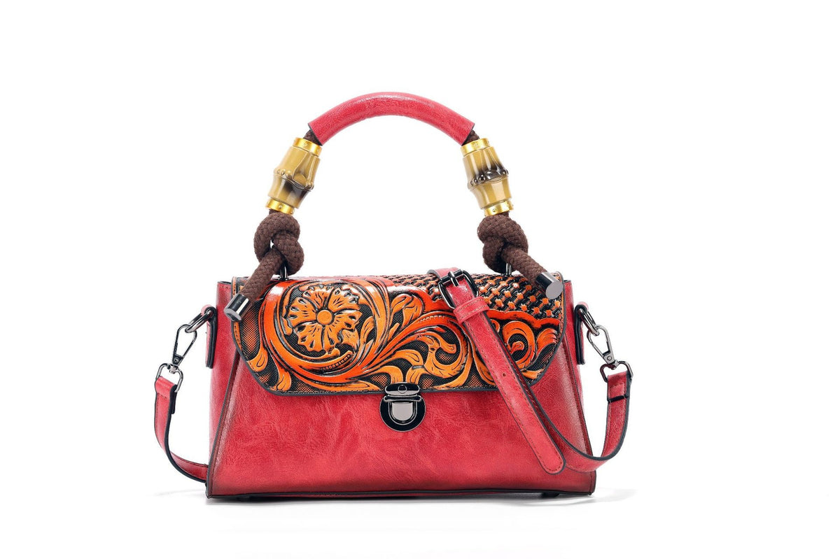 Vintage Floral Top Handle Leather Bag for Women