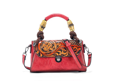 Vintage Floral Top Handle Leather Bag for Women