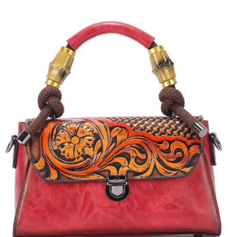 Vintage Floral Top Handle Leather Bag for Women