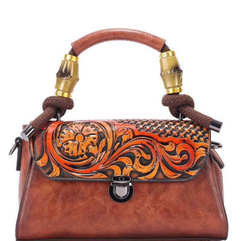 Vintage Floral Top Handle Leather Bag for Women