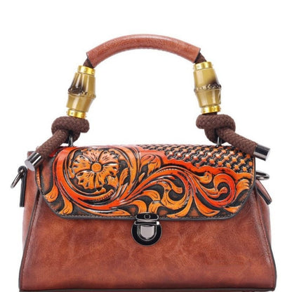 Vintage Floral Top Handle Leather Bag for Women