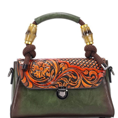 Vintage Floral Top Handle Leather Bag for Women