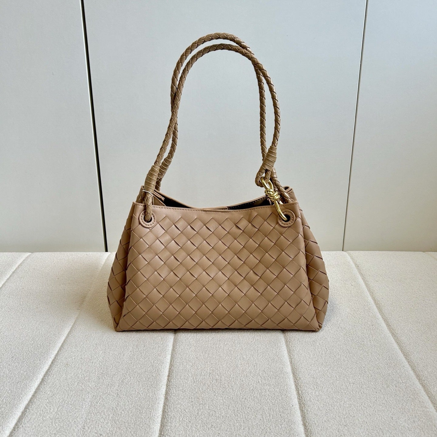 Women’s Woven Calfskin Tote – Leather Shoulder & Handbag with Metal Clasp
