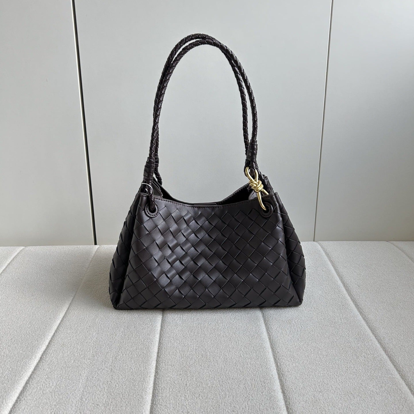 Women’s Woven Calfskin Tote – Leather Shoulder & Handbag with Metal Clasp