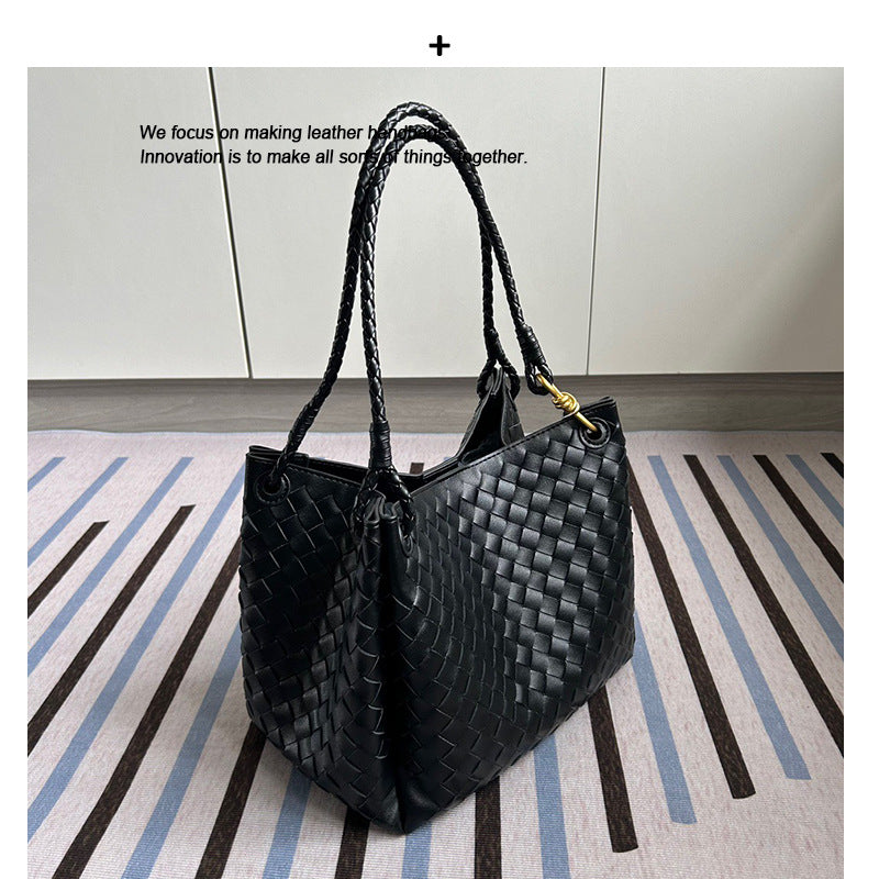 Woven Cow Leather Tote Bag – Large Capacity Handbag