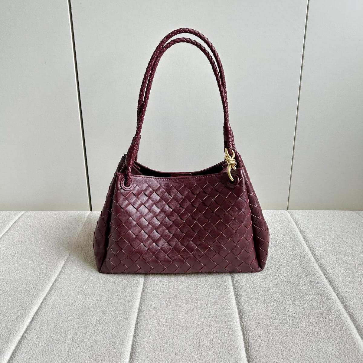 Women’s Woven Calfskin Tote – Leather Shoulder & Handbag with Metal Clasp