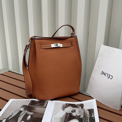 Women’s Top-Grain Leather Bucket Bag – Kelly Style Handbag & Crossbody