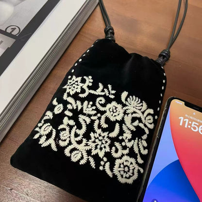 Velvet Leather Bucket Phone Bag – Embroidered Mini Crossbody Bag