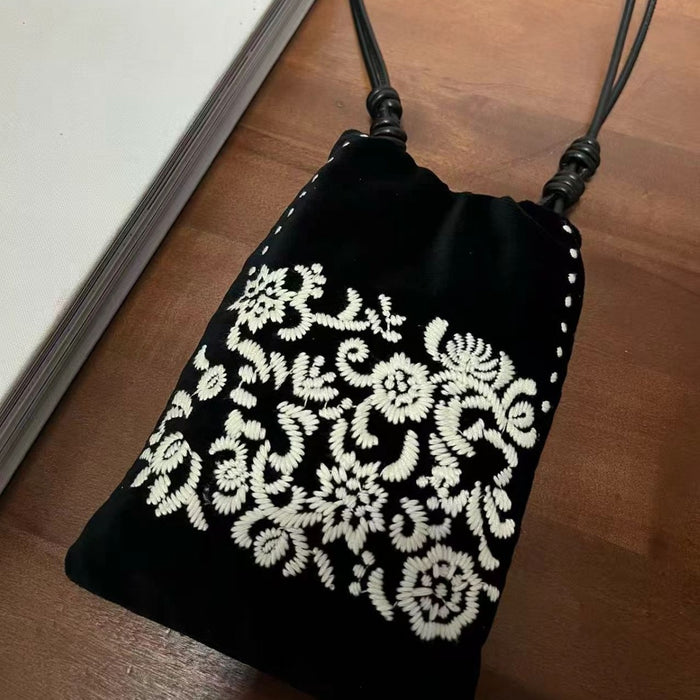 Velvet Leather Bucket Phone Bag – Embroidered Mini Crossbody Bag