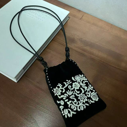 Velvet Leather Bucket Phone Bag – Embroidered Mini Crossbody Bag