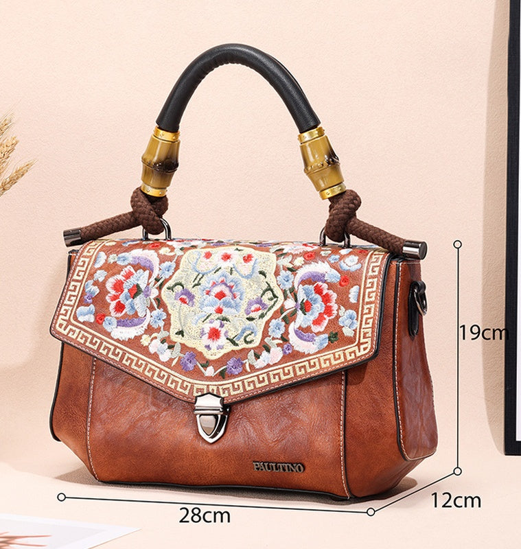 Embroidered Vintage Leather Handbag – Handheld Top-Handle Bag