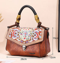 Embroidered Vintage Leather Handbag – Handheld Top-Handle Bag