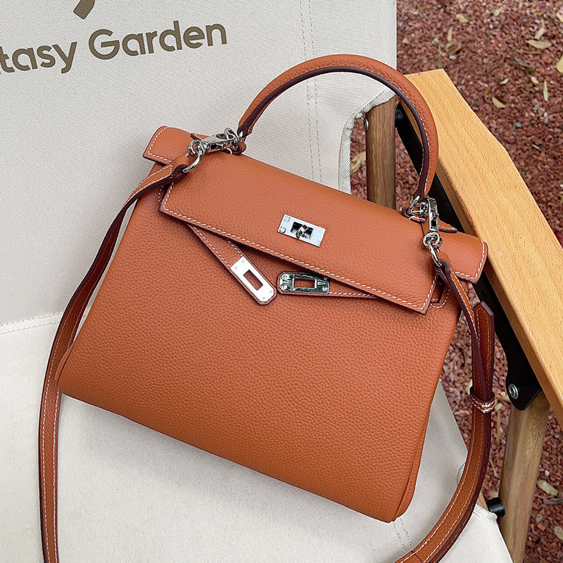 Women’s Lychee Grain Leather Mini Bag – Silver Buckle Shoulder & Crossbody