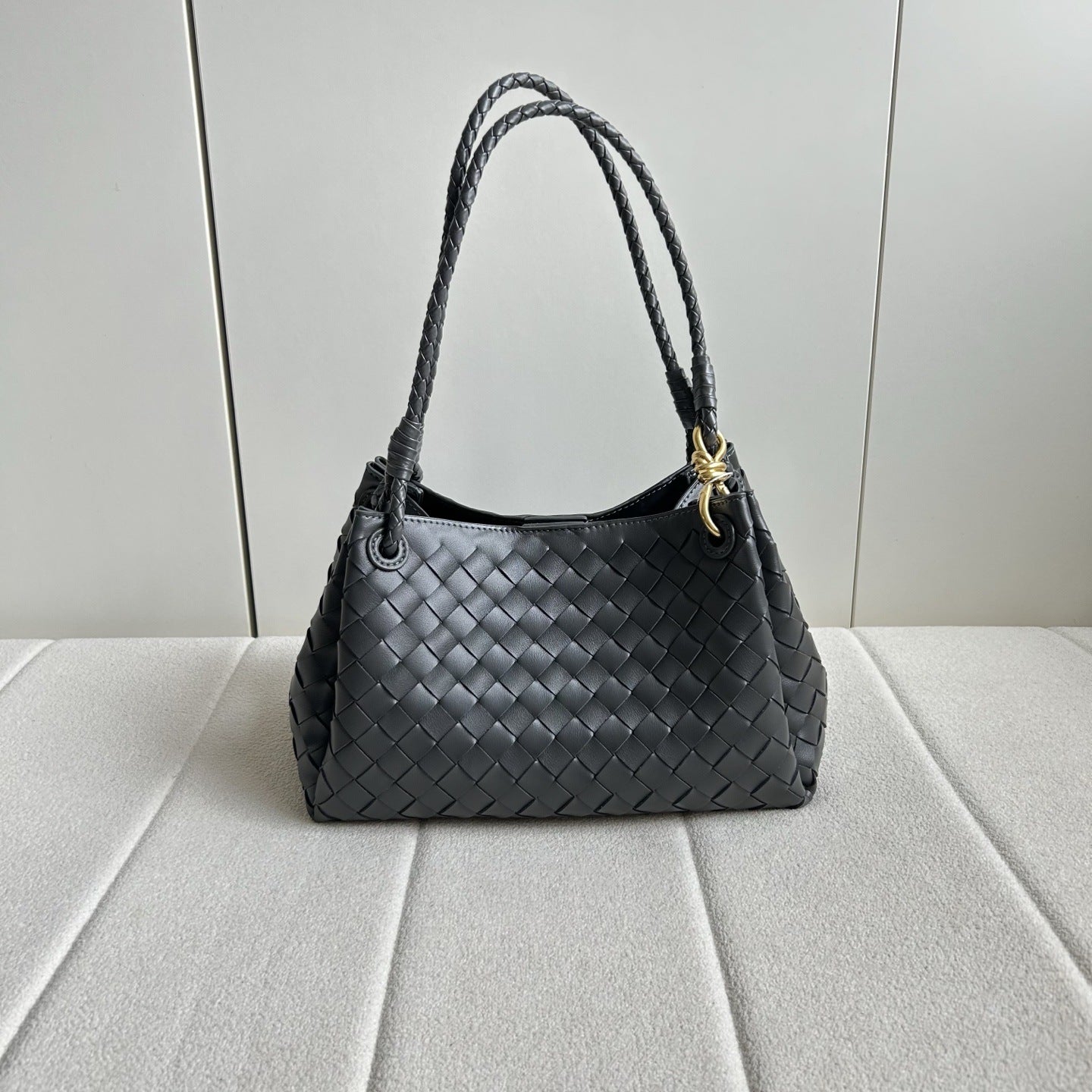 Women’s Woven Calfskin Tote – Leather Shoulder & Handbag with Metal Clasp