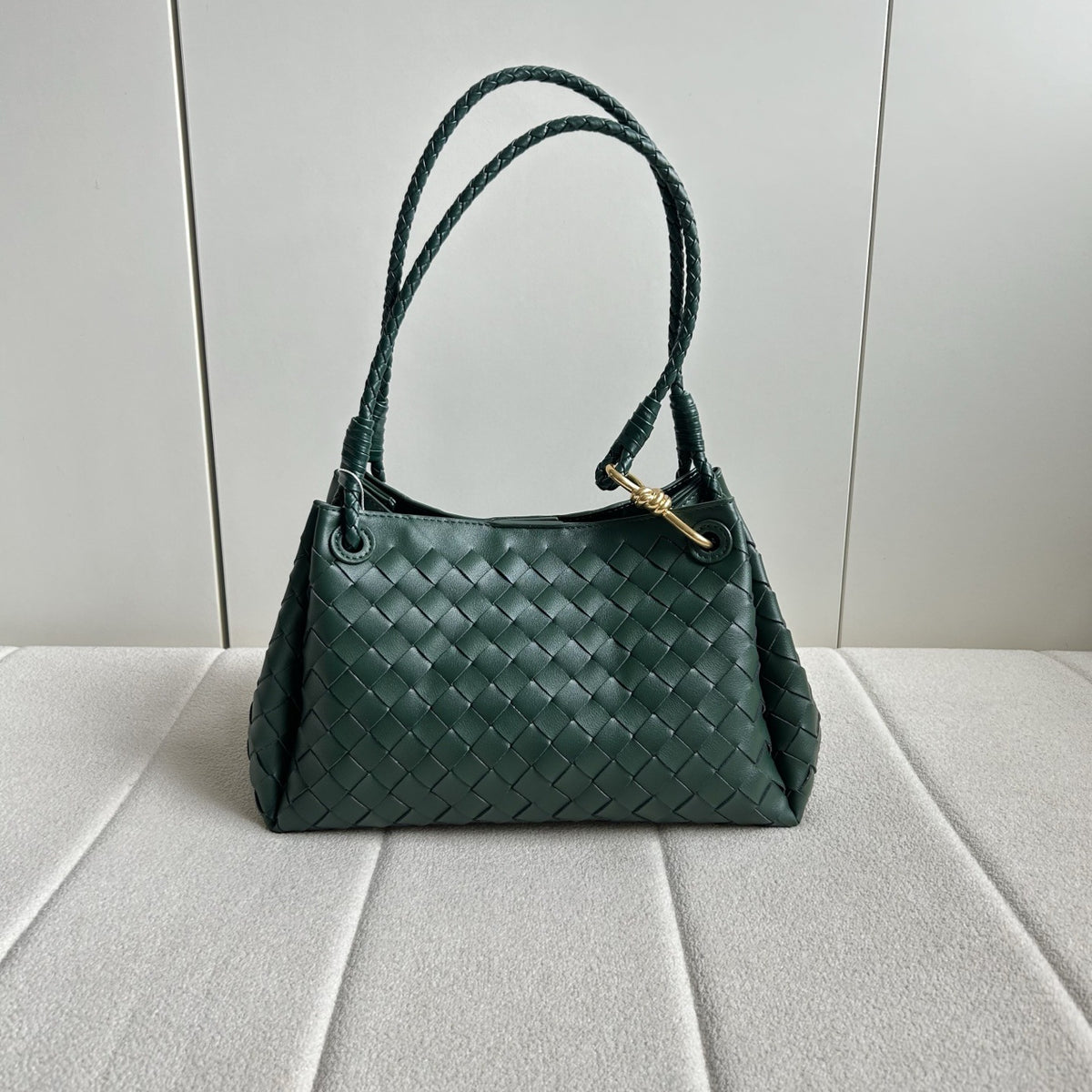 Women’s Woven Calfskin Tote – Leather Shoulder & Handbag with Metal Clasp