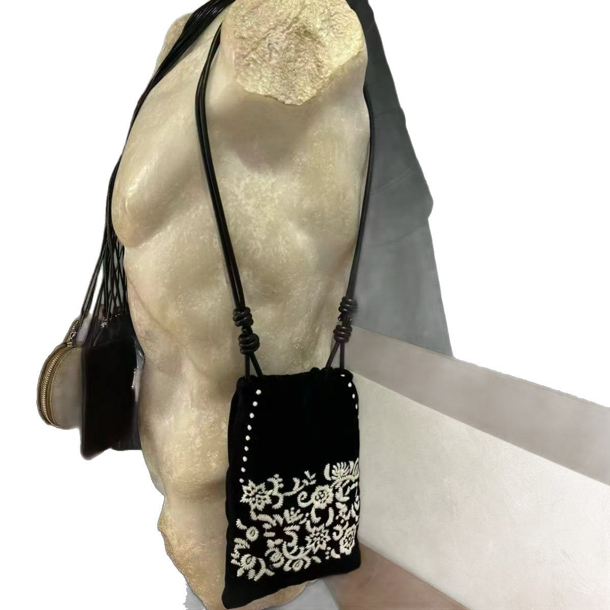 Velvet Leather Bucket Phone Bag – Embroidered Mini Crossbody Bag