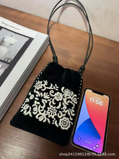 Velvet Leather Bucket Phone Bag – Embroidered Mini Crossbody Bag