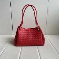 Women’s Woven Calfskin Tote – Leather Shoulder & Handbag with Metal Clasp