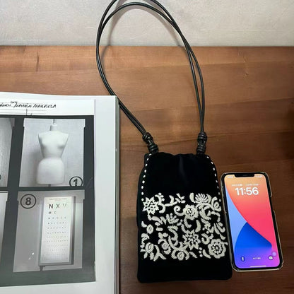 Velvet Leather Bucket Phone Bag – Embroidered Mini Crossbody Bag